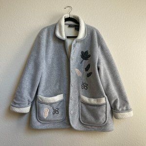 Outbrook Gray Leaf Embroidered Sherpa soft Cozy Jacket